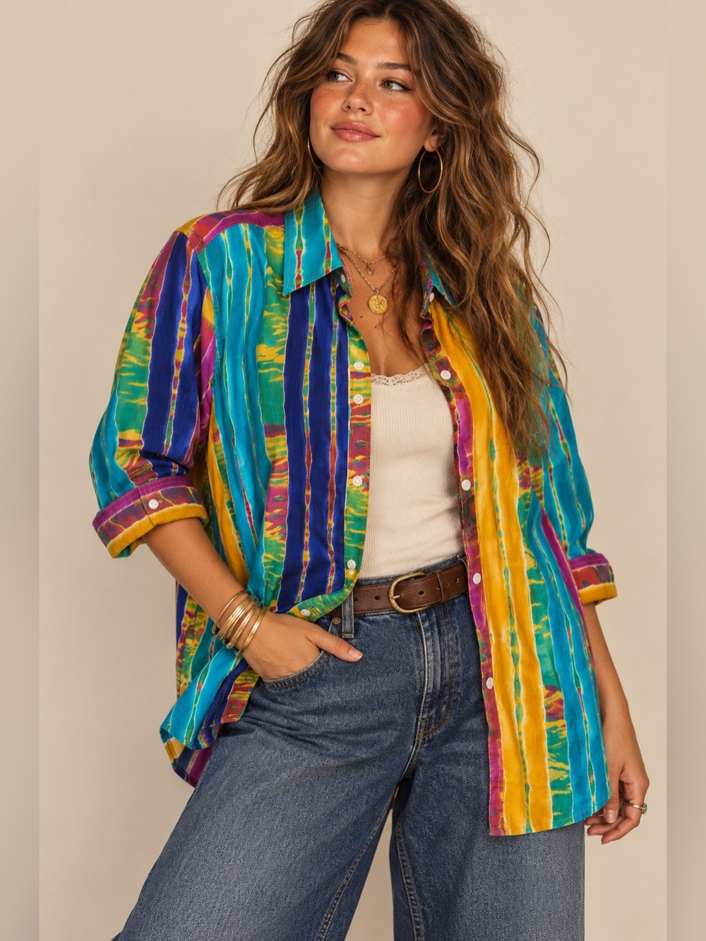 Lauren Ralph Lauren Multicolor Tie Dye Stripe Cotton Button Down Shirt XL Boho